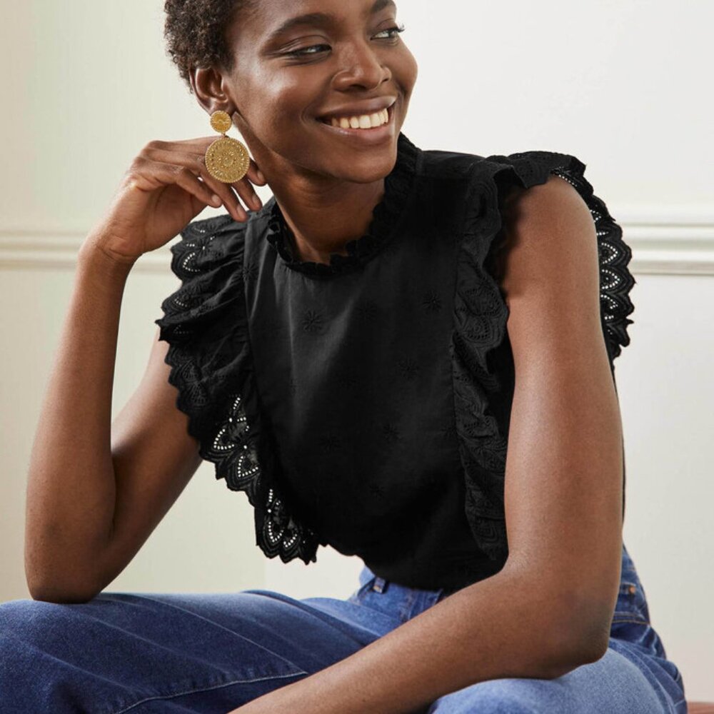 Boden Nina Sleeveless Broderie Black Ruffle Eyelet Cotton Blouse Womens Size 10